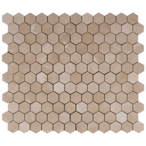 Full sheet of Botticino 2-inch honeycomb honed marble mosaic tiles with beige tones and subtle natural veining.