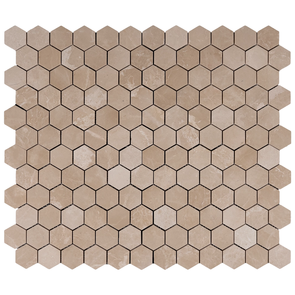 Full sheet of Botticino 2-inch honeycomb honed marble mosaic tiles with beige tones and subtle natural veining.