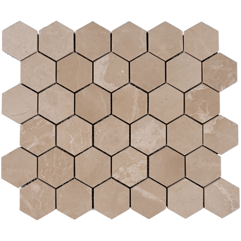 Mid-view of Botticino 2-inch honeycomb honed marble mosaic tiles in a hexagonal layout with warm beige coloration.