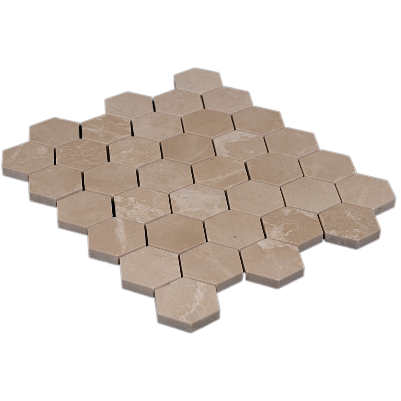 Angled perspective of Botticino 2-inch honeycomb honed marble mosaic tiles, highlighting thickness and surface polish.