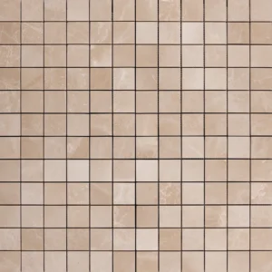 A full sheet of Botticino 2x2 polished marble mosaic tiles in a grid layout, featuring warm beige tones with natural marble veining.