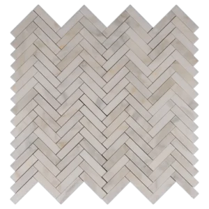 Calacatta 1x4 herringbone honed marble mosaic tile sheet featuring warm white tones with soft gray veining.
