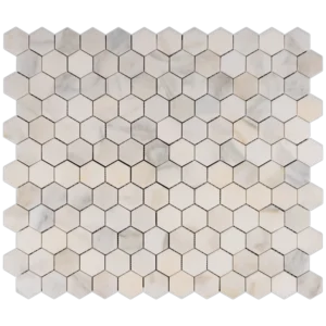 Combination of 4 sheets of Calacatta 2 inch honeycomb honed marble mosaic tile with subtle white and gray veining.
