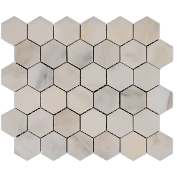 One full sheet of Calacatta 2 inch honeycomb honed marble mosaic tile highlighting geometric hexagon pattern.