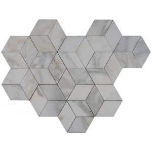 Combined sheets view of Calacatta diamond honed marble mosaic tile featuring a 3D diamond effect in natural white marble with subtle gray veining.