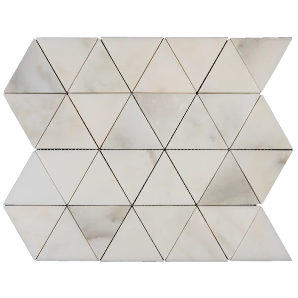 Close-up view of white marble triangle mosaic tiles with soft grey veining, arranged in a geometric sheet pattern.