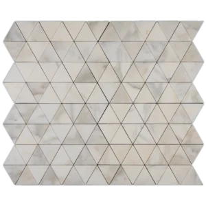 Triangle marble mosaic tile sheet in white with subtle grey veining, arranged in a repeating geometric pattern.