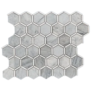 A sheet of Carrara marble hexagon mosaic tiles with Dolomite marble trim, polished finish.