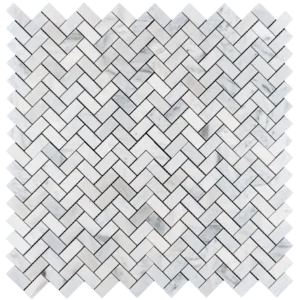 Carrara marble 1"x2" polished herringbone mosaic sheet, white with soft gray veining, mesh-mounted—overhead view.