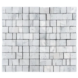 Carrara White Pixel honed marble mosaic tile — full sheet, square chips on mesh, front view.