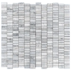 Overhead view of a mesh-backed Carrara marble strip linear polished mosaic sheet, white with soft gray veining.