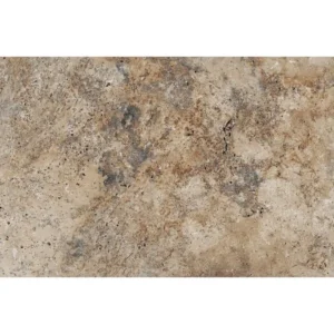 Close-up of Country Classic 16x24 Tumbled Travertine Paver highlighting its rustic brown, tan, and gray surface with natural pits, subtle texture, and earthy variations.