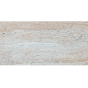 Desert Bloom 12x24 tumbled travertine paver with warm beige and cream tones, showing full tile pattern and natural linear veining.