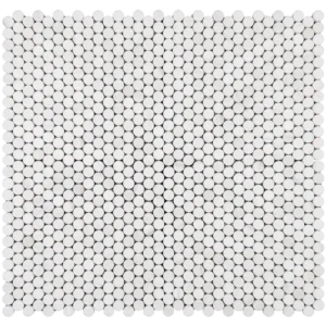 Dolomite penny round honed marble mosaic tile sheet with white marble circles on mesh backing.