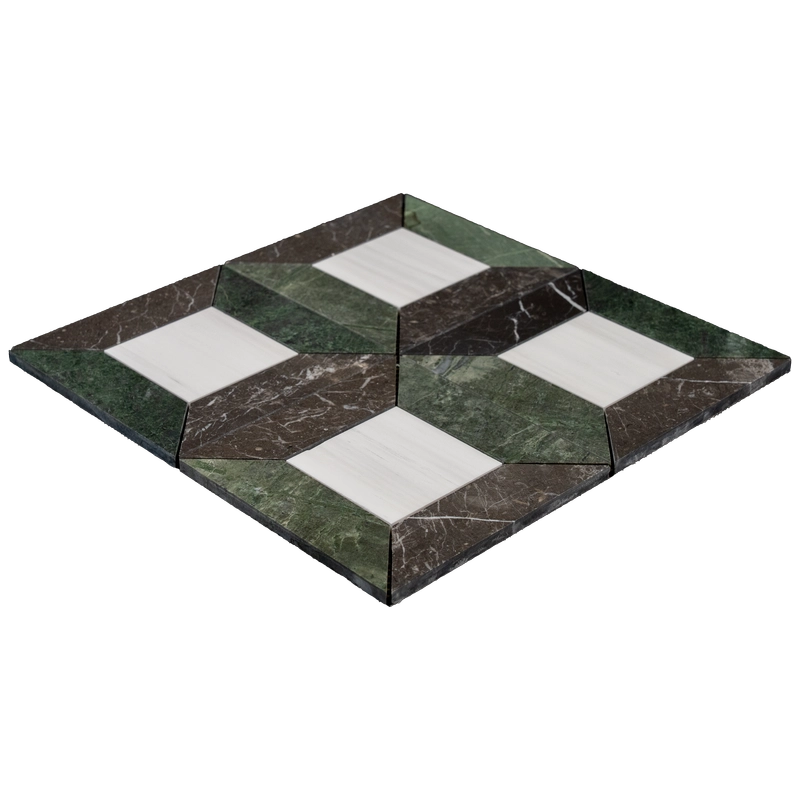Angled perspective of Dolomite, Ruby Green, and Pearl Black star square honed marble mosaic tile sheet highlighting thickness and texture.