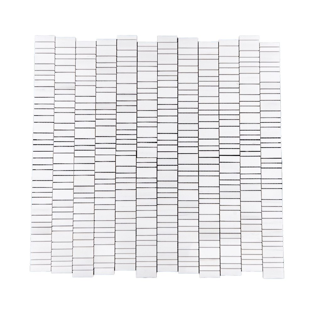 Dolomite Strip Linear Polished Mosaic Tile brings a clean, modern look to any space. Made from premium Dolomite marble, this tile features a crisp white base enhanced by subtle gray veining. Its polished finish creates a sleek surface that reflects light beautifully, adding brightness and sophistication.