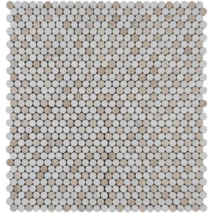 Dolomite with Royal Beige penny honed marble mosaic tile sheet featuring a mix of white and beige round pieces on mesh backing.