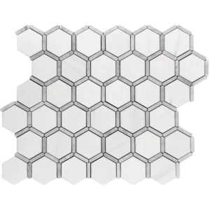 A full sheet of Dolomite with Carrara touch polished marble mosaic tile featuring hexagonal white tiles bordered by thin Carrara marble strips.