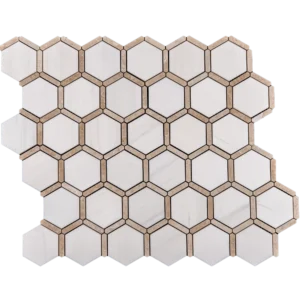 Full sheet of Dolomite with Royal Beige Touch polished marble mosaic tile in hexagon pattern, combining crisp white and beige accents.