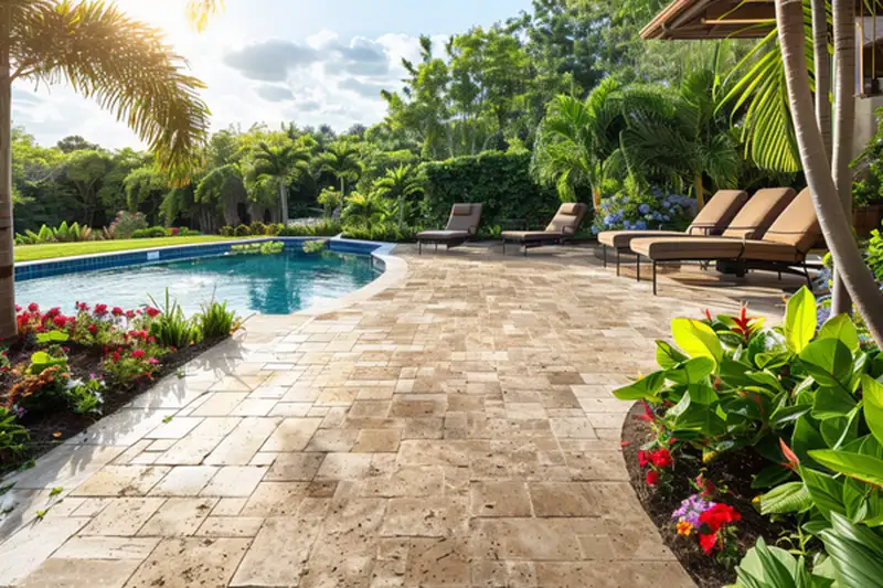 Travertine pool deck and brick garden walkway in a backyard