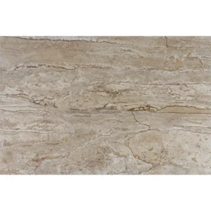 Full view of Grand Canyon 16"x24" tumbled travertine paver showing linear cream-sand striations and warm earth-tone movement.