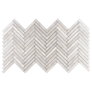 Full sheet of Iceberg 1x6 honed marble mosaic tile in a herringbone pattern, featuring icy white tones and subtle veining.