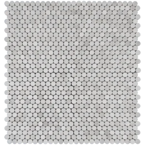 Iceberg penny honed marble mosaic tile sheet featuring uniform round white marble pieces with subtle icy veining.