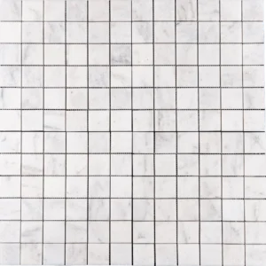 Full sheet of Milas White 2x2 polished marble mosaic tile, featuring square pieces with glossy surface and subtle veining.