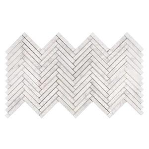 Milas White 1x6 honed marble mosaic sheet in a herringbone pattern, showing the full sheet layout with interlocking edges.