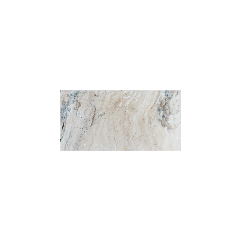 Norwegian River 6"x12" Tumbled Travertine Paver – beige field with river-like bands of gray and faint blue-gray, subtle pores, and a weathered, tumbled finish.