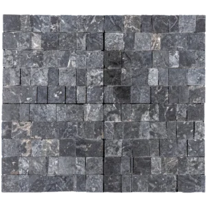 Front view of Pearl Black marble 1x1 “pixel” mosaic—charcoal/graphite squares with light veining, honed finish, mesh-mounted sheet.