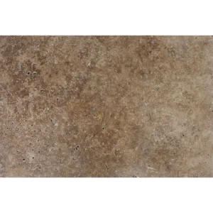 Romano tumbled travertine paver in 16x24 size, showing rich mocha-brown surface mottled with lighter tan swirls, natural pits, and rustic texture.