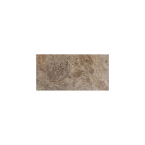 Romano tumbled travertine paver in 6x12 size showing earthy brown-gray color with natural pores and weathered texture.