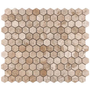 Royal Beige 2-inch hexagon polished marble mosaic tile — full sheet, honeycomb pattern in warm beige/tan tones.