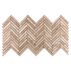 Full sheet of Royal Beige 1x6 honed marble mosaic tile in herringbone pattern, featuring warm beige tones and natural stone texture.