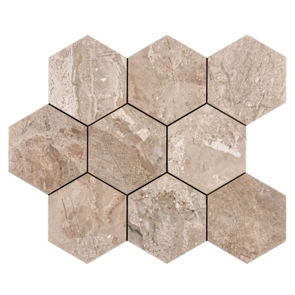 Sheet of Royal Beige 4-inch honeycomb honed marble mosaic tile with hexagonal layout, highlighting warm beige veining.