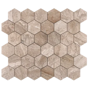 Full sheet of Royal Beige 4-inch honeycomb honed marble mosaic tile, featuring hexagonal pattern and uniform earthy beige color.