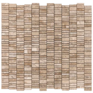 Overhead view of Royal Beige strip linear polished mosaic tile sheet—narrow beige marble strips on mesh.
