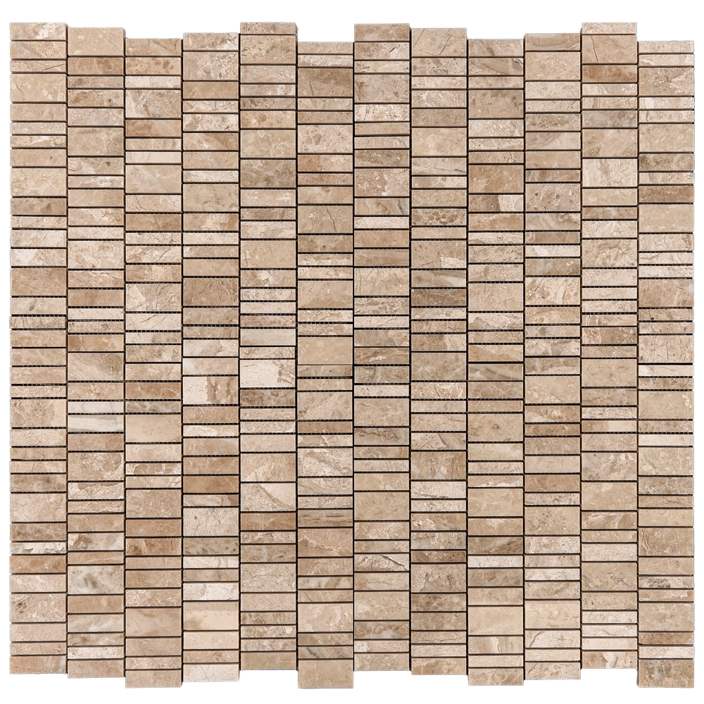 Overhead view of Royal Beige strip linear polished mosaic tile sheet—narrow beige marble strips on mesh.