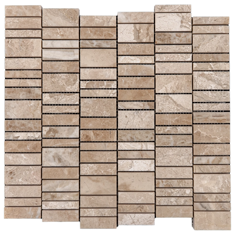 Frontal crop of Royal Beige strip linear mosaic with stacked rectangular pattern and even grout joints.