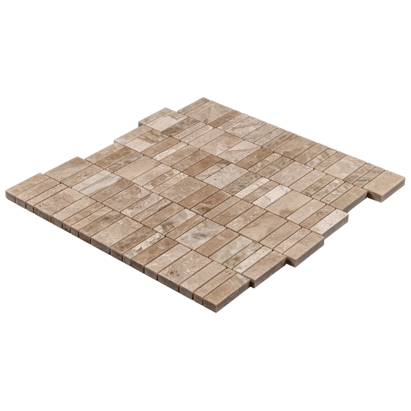 Three-quarter perspective of Royal Beige strip linear mosaic sheet, interlocking edges and tile thickness visible.