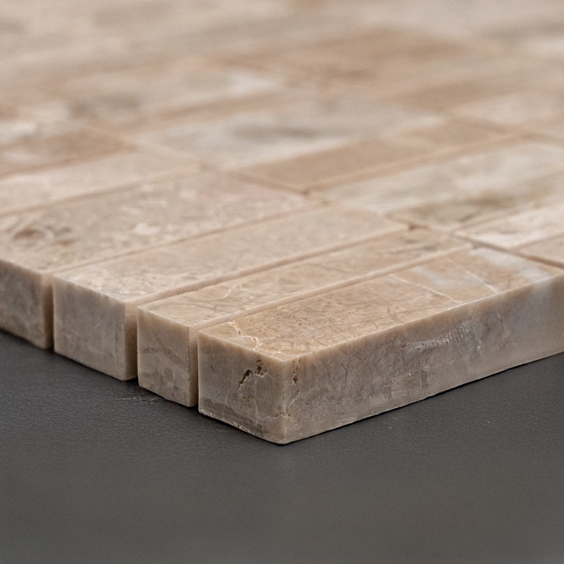 Macro edge detail of Royal Beige polished strips highlighting smooth finish and natural stone texture.