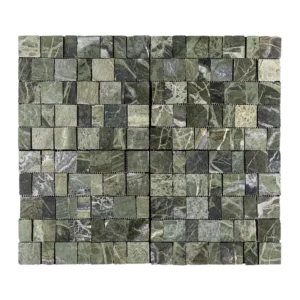 Front view of Ruby Green marble pixel honed mosaic—grid of small square tiles on mesh, varied green tones with subtle white veining.