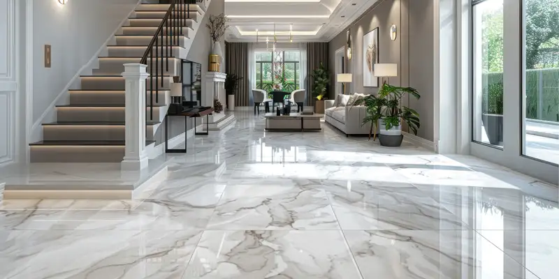 Elegant living room with soft white marble flooring and natural veining