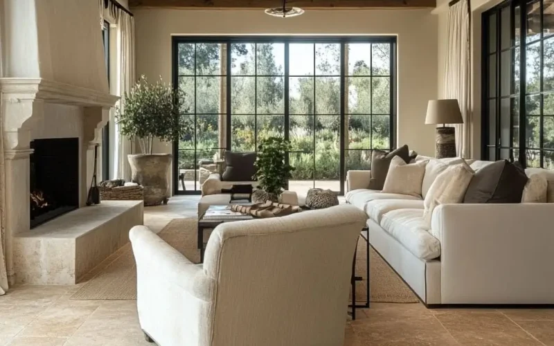 Living room with travertine flooring, showcasing natural elegance and timeless design.