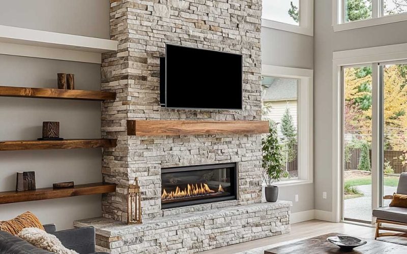 Beautiful ledgestone fireplace in a modern living room, showcasing the natural textures and warm tones of Stone Market USA's premium ledgestones.