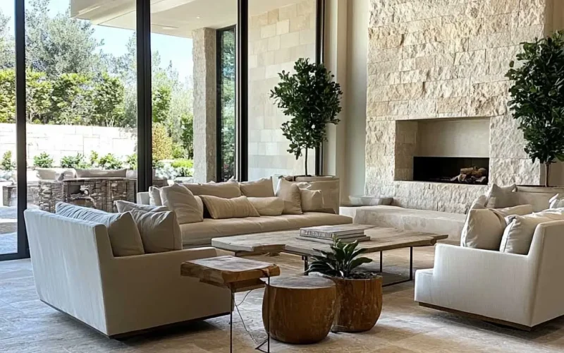 Modern living room with premium limestone flooring, natural stone wall, minimalist furniture, and a limestone patio view.