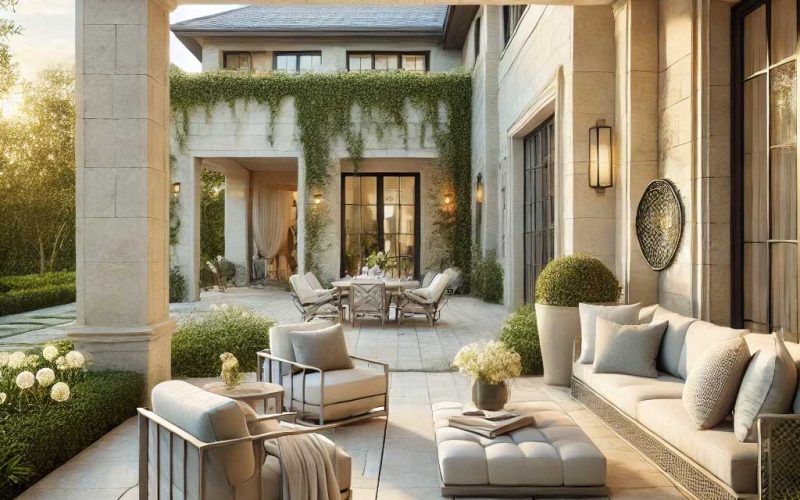 An elegant outdoor patio featuring premium limestone pavers in soft beige and light gray tones. The space includes modern outdoor furniture, lush greenery, and natural sunlight, showcasing the timeless beauty, durability, and slip-resistant texture of the limestone pavers.