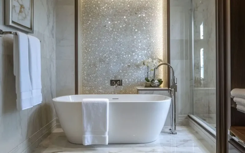 Luxury bathroom featuring marble mosaic tiles with natural veining, showcasing elegance and sophistication in design.