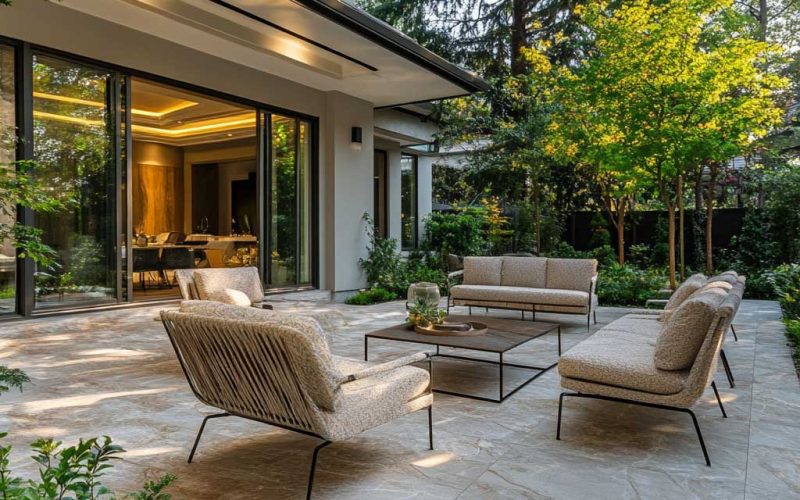 An elegant outdoor patio featuring premium marble pavers in soft beige tones with subtle veining. The space includes modern furniture, lush greenery, and natural lighting, highlighting the durability and timeless elegance of marble pavers.